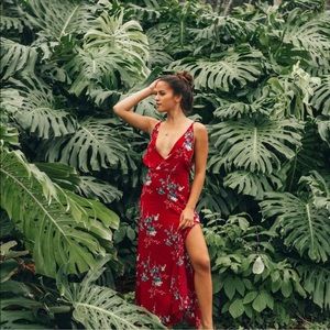 Adhira Aura Red Floral Maxi Dress w/Side Slits NWT